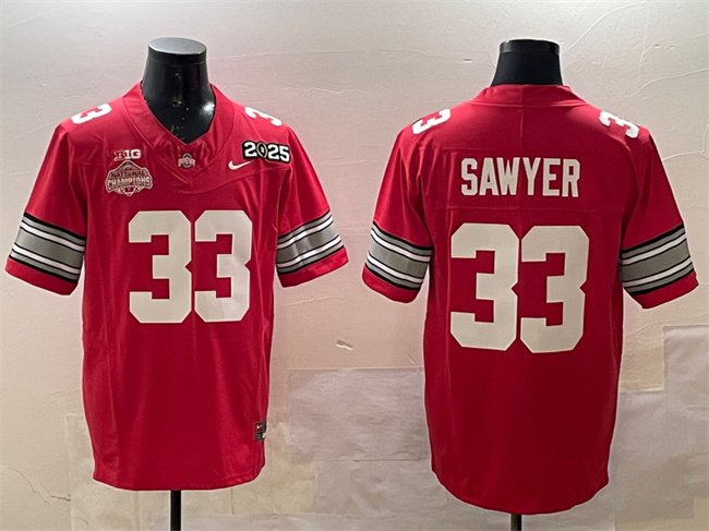 Men's Ohio State Buckeyes #33 Jack Sawyer Red 2025 CFP Final With National Champions Patch F.U.S.E. Vapor Limited Stitched Football Jersey