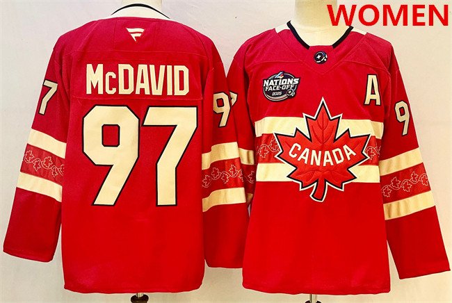 Women's Canada #97 Connor McDavid Red 2025 4 Nations Face-Off Premium With A Patch Stitched Jersey