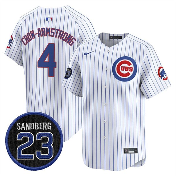 Men's Chicago Cubs #4 Pete Crow-Armstrong White Pinstripe 'Ryne Sandberg Tribute' Vapor Limited V2 Stitched Baseball Jersey