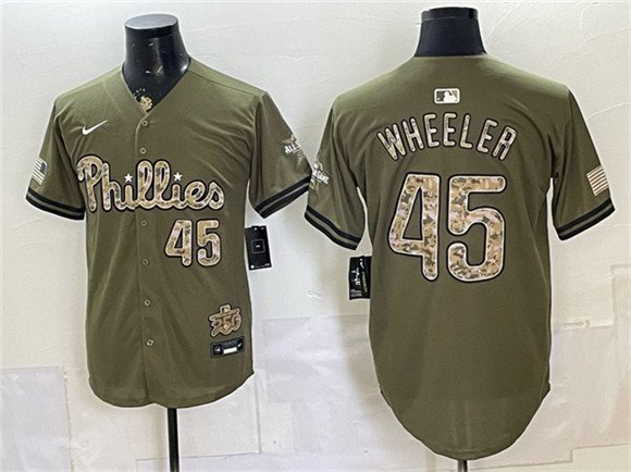 Men's Philadelphia Phillies #45 Zack Wheeler Olive 2026 Armed Forces Day Stitched Jersey