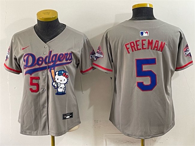 Women's Los Angeles Dodgers #5 Freddie Freeman Grey Hello Kitty Night 2025 World Series Champions Patch Stitched Baseball Jersey(Run Small)