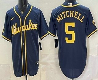Men's Milwaukee Brewers #5 Garrett Mitchell Navy Blue Stitched Cool Base Jersey
