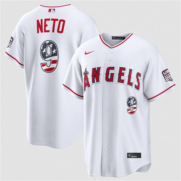 Men's Los Angeles Angels #9 Zach Neto 2026 White USA 250 Fourth of July Home Stadium Stitched Baseball Jersey