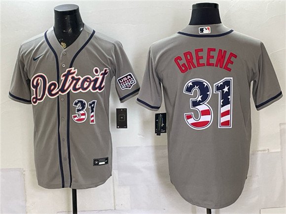 Men's Detroit Tigers #31 Riley Greene Gray 2026 USA 250 Fourth of July Stitched Baseball Jersey