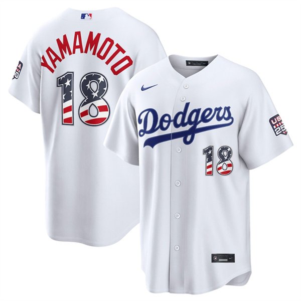Men's Los Angeles Dodgers #18 Yoshinobu Yamamoto White USA 250 Fourth of July Home Stitched Baseball Jersey