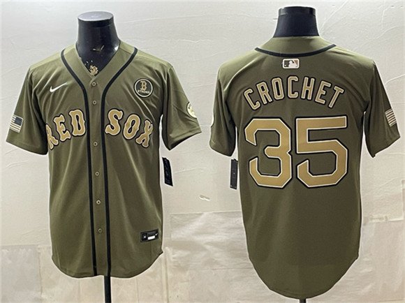 Men's Boston Red Sox #35 Garrett Crochet Olive Armed Forces Day Cool Base Stitched Baseball Jersey
