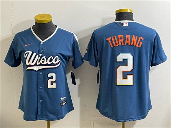 Women's Milwaukee Brewers #2 Brice Turang Mineral Blue 2026 City Connect Stadium Stitched Baseball Jersey(Run Small)