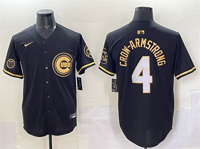 Men's Chicago Cubs #4 Pete Crow-Armstrong Black Gold 'Ryne Sandberg Tribute' Vapor Limited V2 Stitched Baseball Jersey