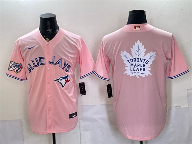Men's Toronto Blue Jays & Leafs With White Leafs Logo Pink 50 Seasons Patch Stitched Baseball Jersey