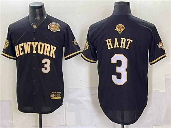 Men's New York Knicks #3 Josh Hart Black Gold 2026 Finals & Eastern Conference Champions Patch Stitched Baseball Jersey