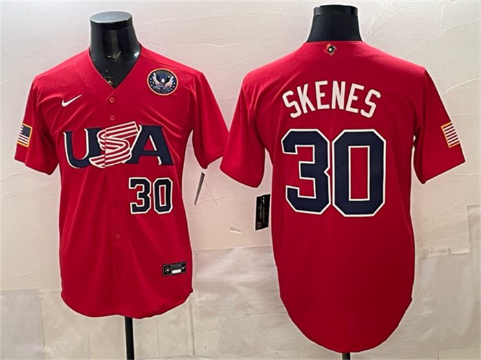 Men's USA Baseball #30 Paul Skenes Red 2026 World Baseball Classic United States 250th Anniversary Patch Stadium Stitched Jersey