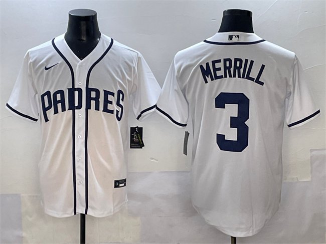 Men's San Diego Padres #3 Jackson Merrill White Cool Base Stitched Baseball Jersey