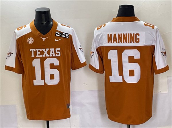 Men's Texas Longhorns #16 Peyton Manning Orange 2025 CFP Final With SEC Patch Stitched Jersey