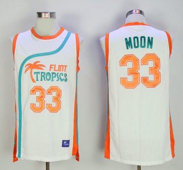 Flint Tropics 33 Jackie Moon White Semi Pro Movie Stitched Basketball Jersey