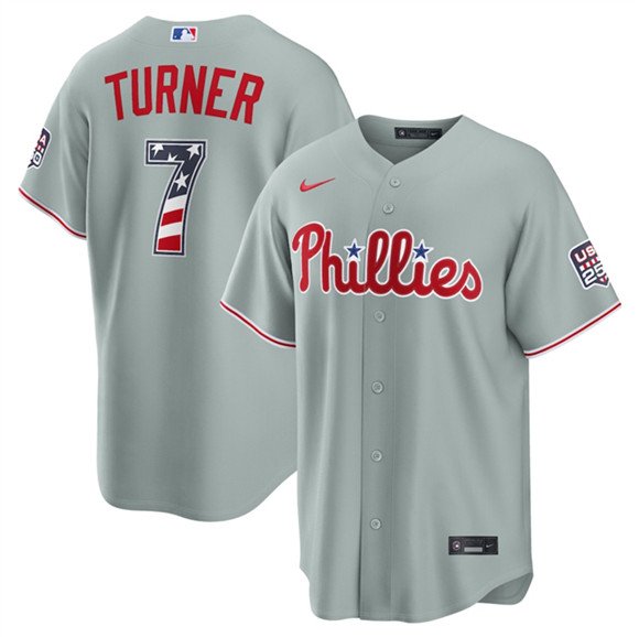 Men's Philadelphia Phillies #7 Trea Turner Gray USA 250 Fourth of July Home Stitched Baseball Jersey
