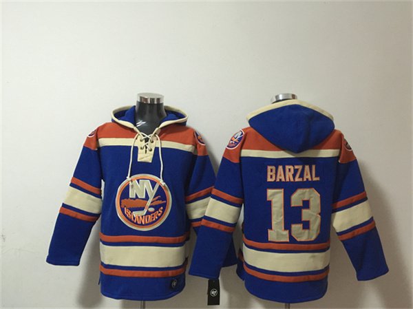 Men's New York Islanders #13 Mathew Barzal Royal Ageless Must-Have Lace-Up Pullover Hoodie
