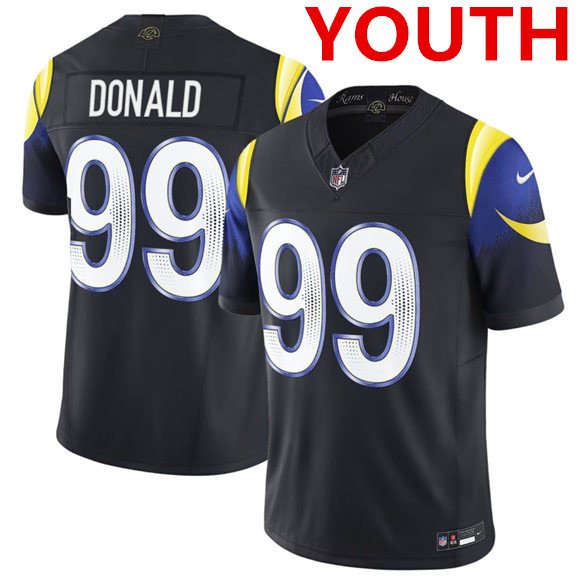 Youth los angeles rams #99 aaron donald midnight blue 2025 f.u.s.e. “rivalries” vapor limited football stitched jersey