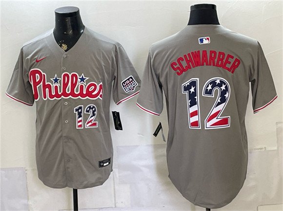 Men's Philadelphia Phillies #12 Kyle Schwarber Gray USA 250 Fourth of July Home Stitched Jersey