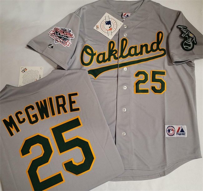 Men's Oakland Athletics #25 Mark McGwire Grey With Green Elephant & 1989 World Series Patch Battle of the Bay Stitched Baseball Jersey