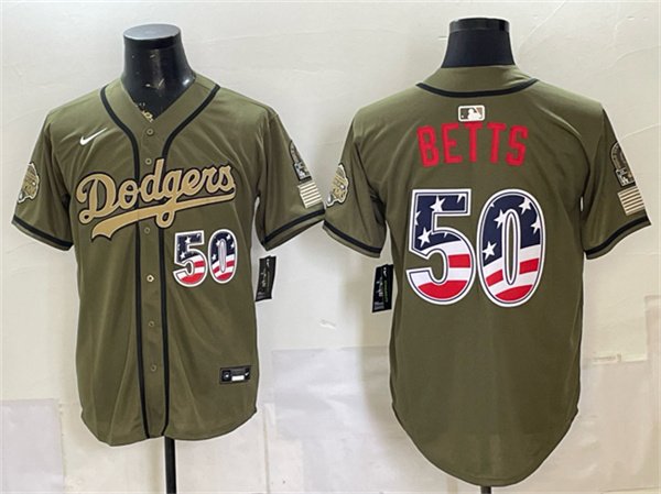 Men's Los Angeles Dodgers #50 Mookie Betts Olive 2026 Armed Forces Day 250 Fourth of July Stitched Baseball Jersey