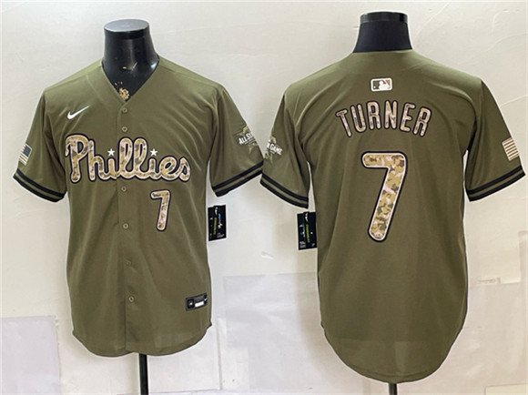 Men's Philadelphia Phillies #7 Trea Turner Olive 2026 Armed Forces Day Stitched Jersey