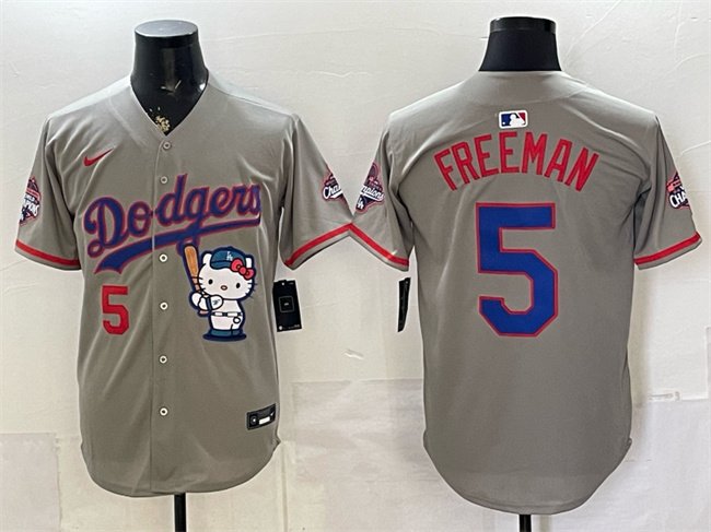 Men's Los Angeles Dodgers #5 Freddie Freeman Grey Hello Kitty Night 2025 World Series Champions Patch Stitched Baseball Jersey