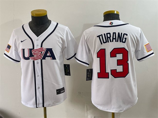 Youth USA Baseball #13 Brice Turang White 2026 World Baseball Classic Home Stadium Stitched Baseball Jersey